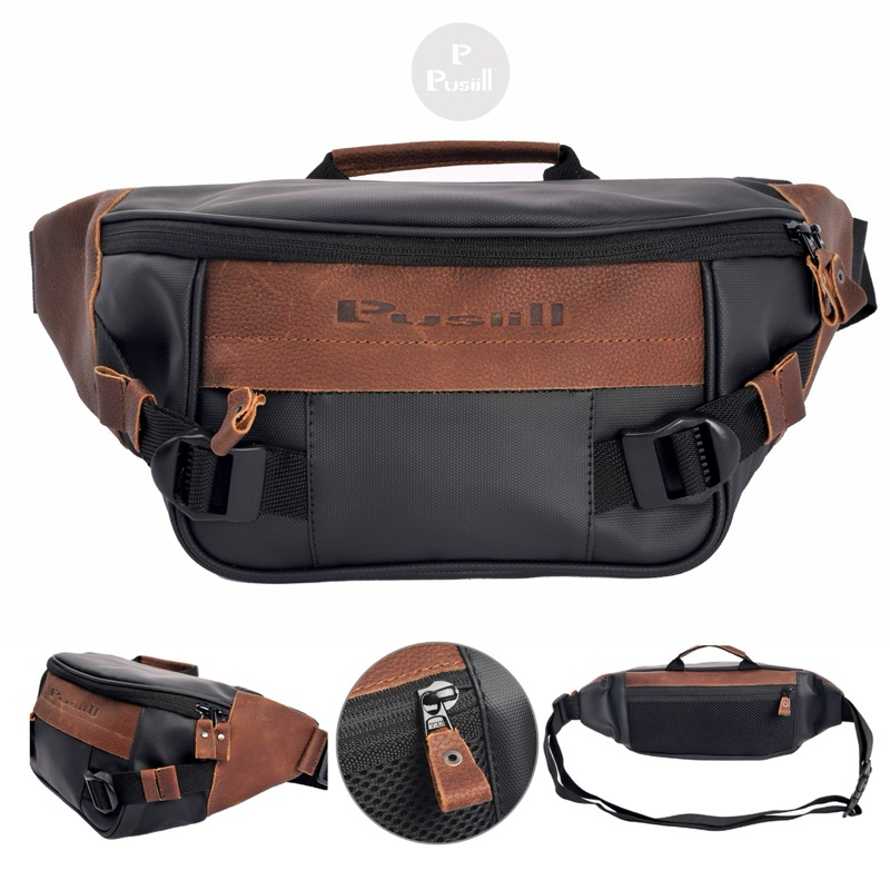 Pusiill - Waistbag Original  / Waistbag kombinasi Kulit Asli + Bimo Waterproof/ Tas Selempang Pria &