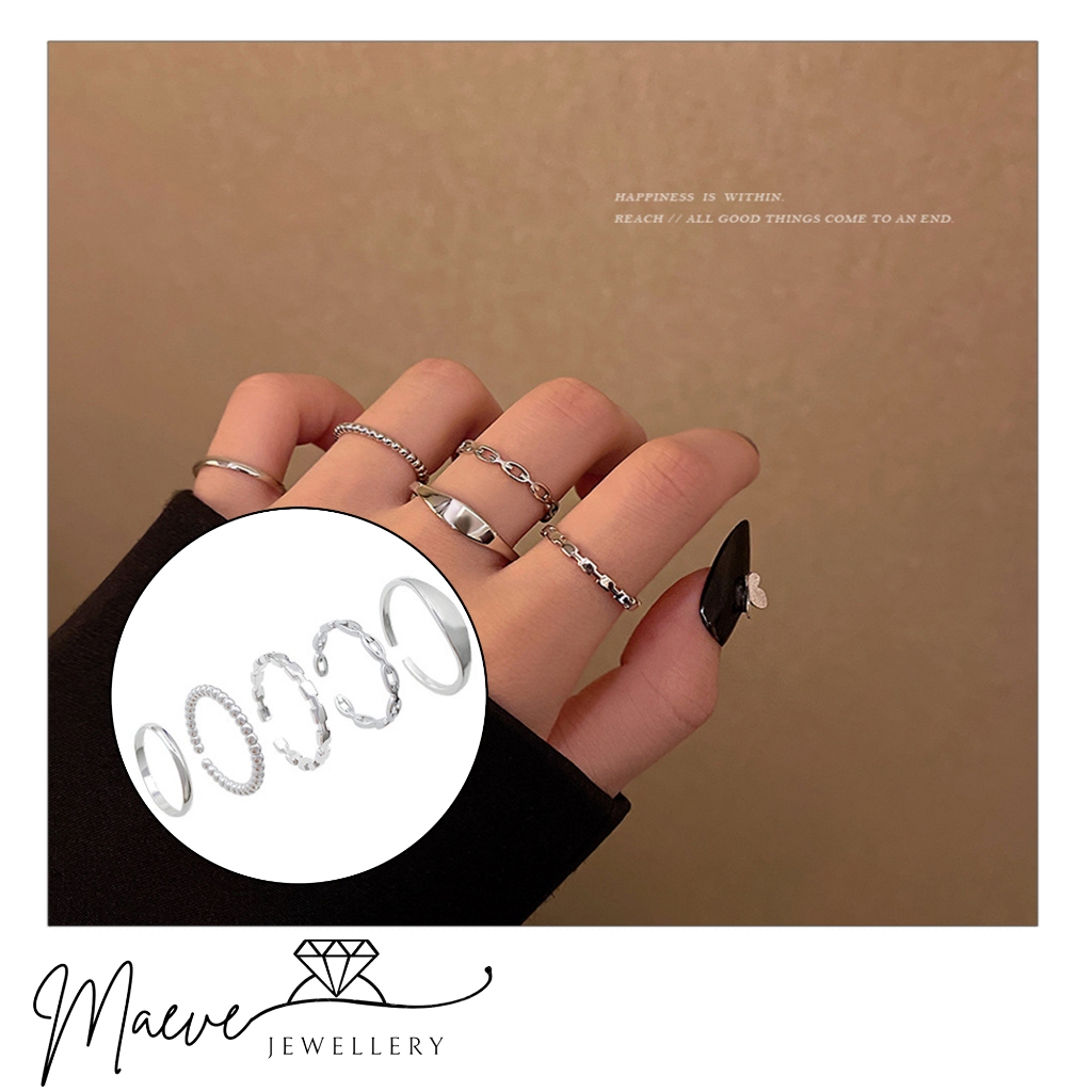 MAEVE J598 Cincin Titanium Wanita Silver 1 Set Isi 5 Model Korean Style Unik Anti Karat Anti Luntur