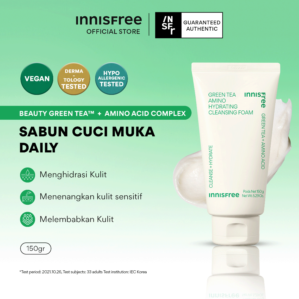 Innisfree Green Tea Amino Hydrating  Cleansing Foam 150g / Sabun Pembersih Wajah untuk Kulit Kering
