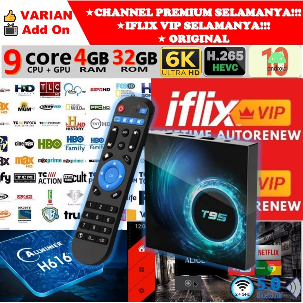 STB Android 10 Smart TV Box Android T95 Ram 4GB Rom 32GB 4/32 Unlock Full Channel TV Iflix Tanpa Bay