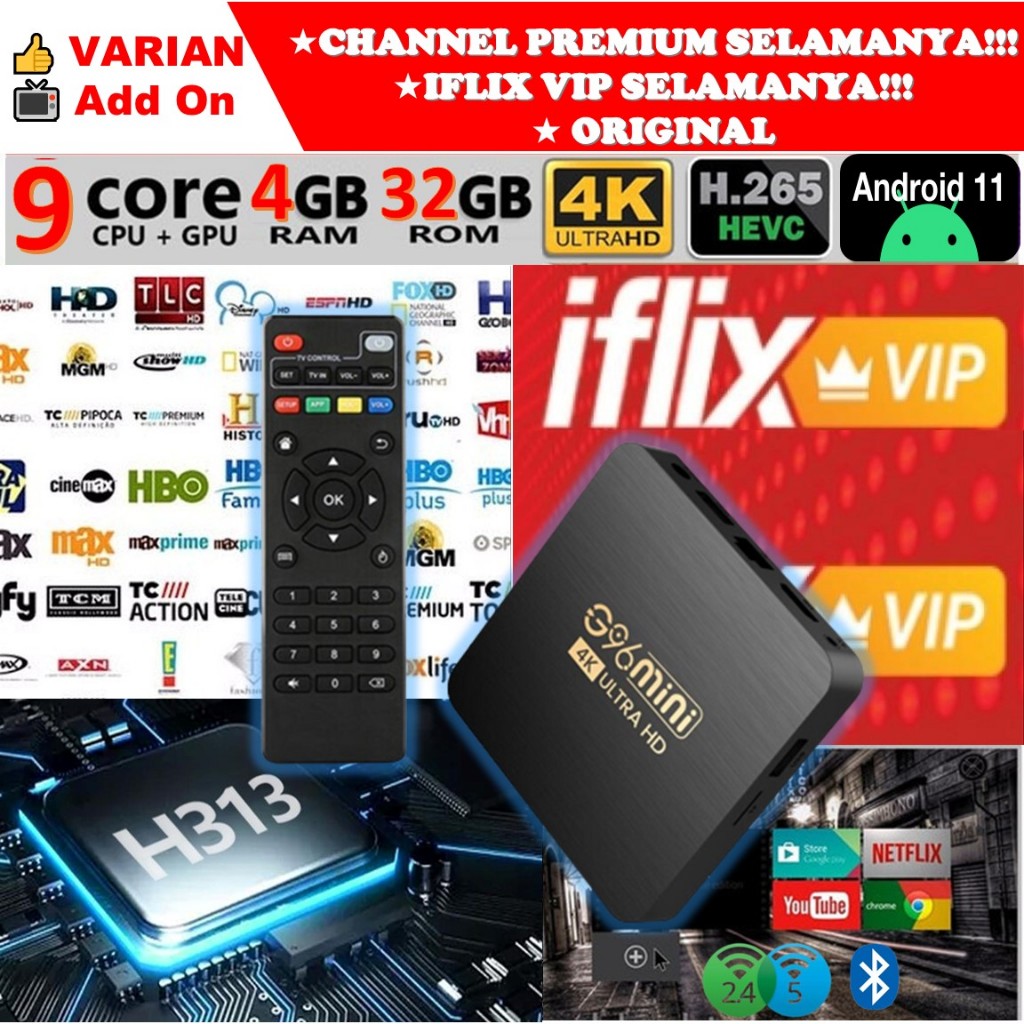 STB Android 11 Smart TV Box Android G96 Ram 4GB Rom 32GB 4/32 Unlock Full Channel TV Premium + Iflix