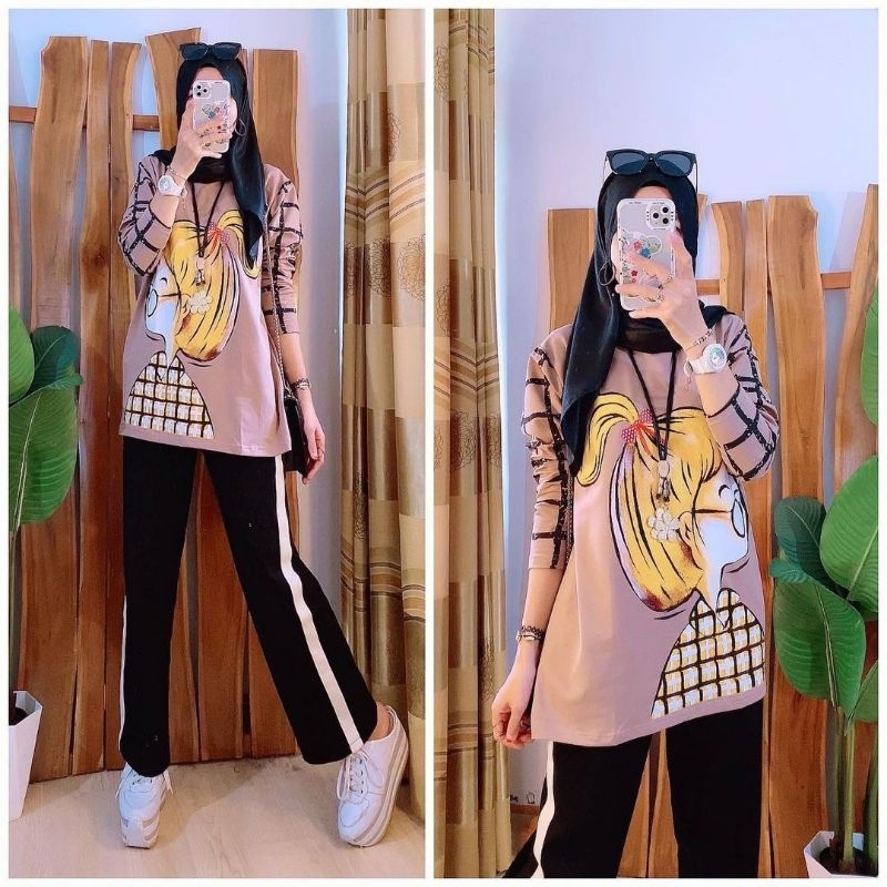 Mochi Top warna coklat sky blue biru langit milo atasan. sweater blouse wanita motif cantik bahan Ka