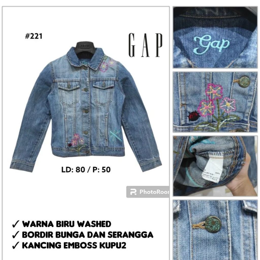 GAP jacket jeans denim biru washed bordir preloved