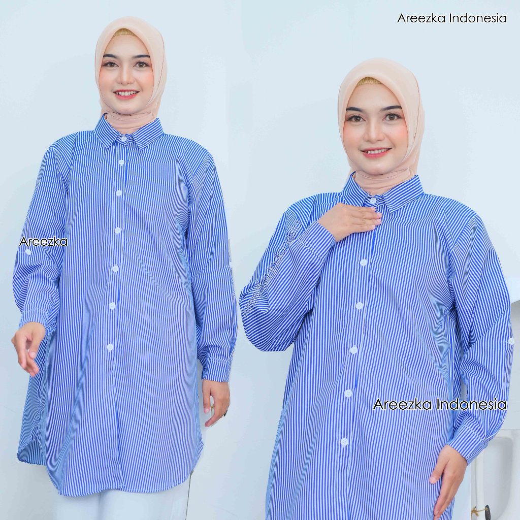 TUNIK SALUR garis garis Hitam Kemeja Wanita Salur Biru Baju Wanita Garis Biru