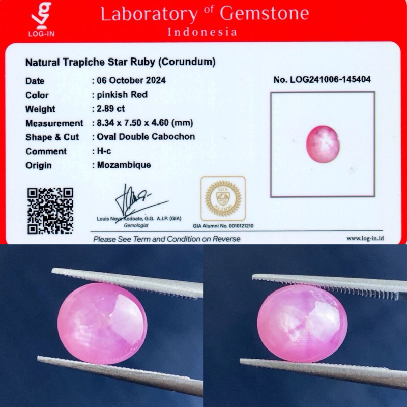 Natural Trapiche Star Ruby Origin Mozambique 2,89 ct + Memo