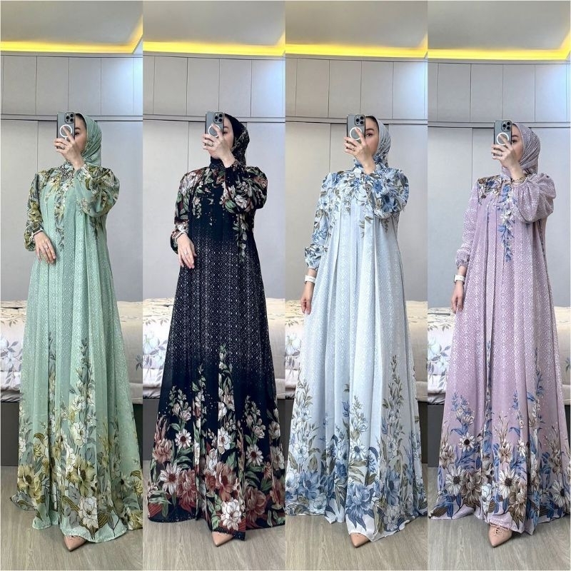 Gamis Vamel Set Hijab Ceruty Babydol Motif Full Furing Busui Frendly - Karet