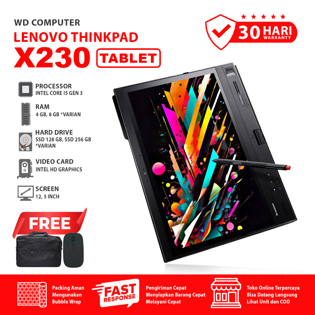 Lenovo Touchscreen X230 Tablet Core I5 Gen 3 Ram 8 Gb Ssd 256 Gb I Windows 10 I Bonus Mouse Dan Tas