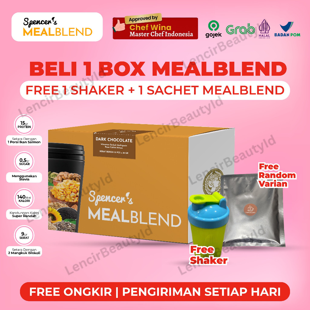 

Spencers Meablend ( PROMO 1 BOX FREE 1 SACHET + 1 BOTOL ) 0,5gram sugar, Rendah Kalori, High Protein, Tinggi Serat, Bpom, Halal, LACTOSE FREE, GLUTEN FREE, dan VEGAN FRIENDLY