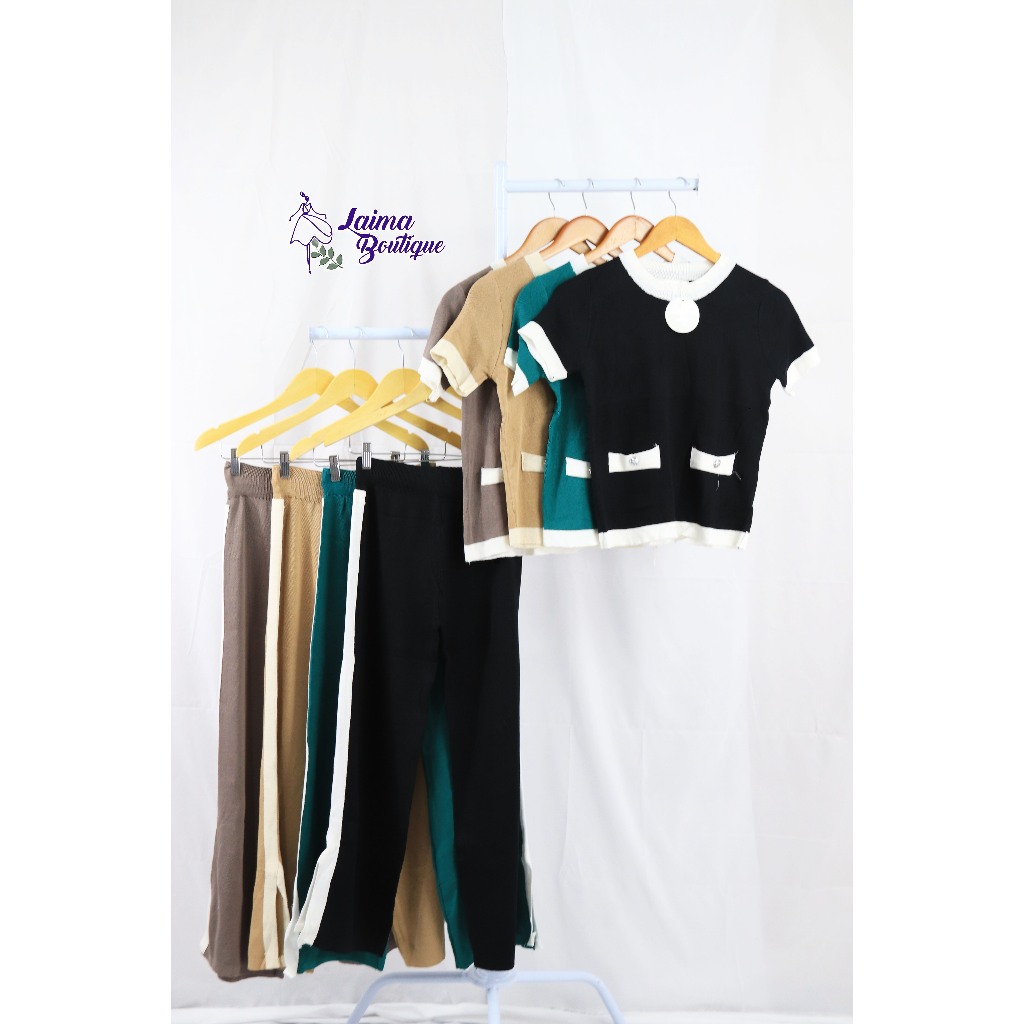 LAIMABOUTIQUE One set Knit Friday Lengan Pendek  Top n Pants Knit Set - Knit Set Wanita Premium Impo