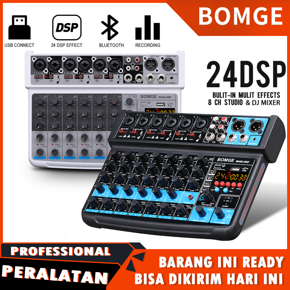 BOMGE 08F Mixer Audio 8 Channel Mini DC 5V, Bluetooth, USB/MP3, 48V Phantom, 24DSP untuk Live, Karao
