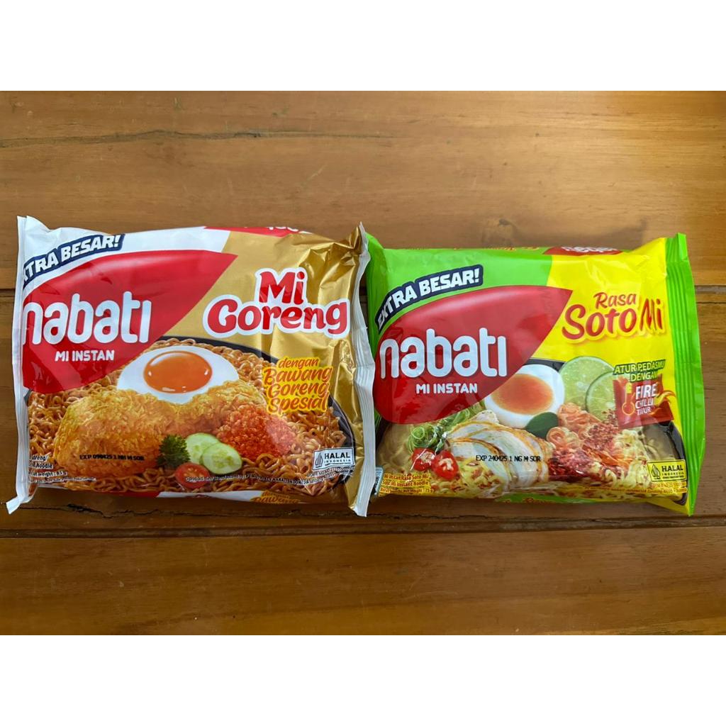 

Nabati Mi Instan Extra Besar Mi Goreng 85g Kuah Soto Mi 75g