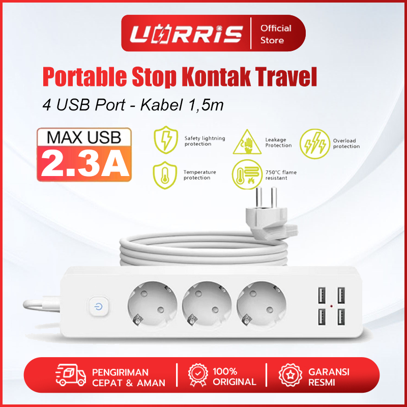 UORRIS Portable Stop Kontak Travel - 4 USB Port - Kabel 1,5 Meter