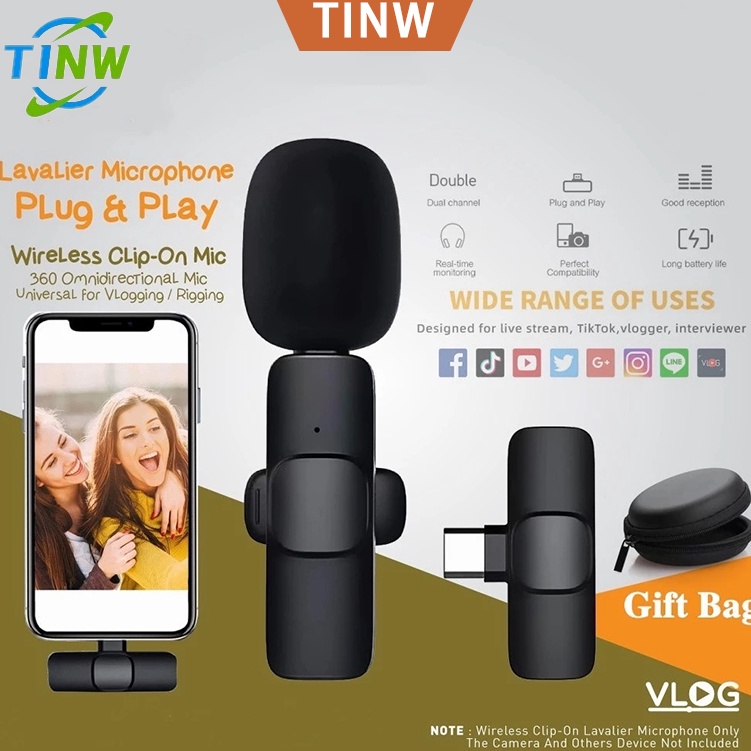 Produk Favorit TINW Wireless Mic mikrofon lavalier Wireless Clip on Nirkabel Portabel Video pembuata