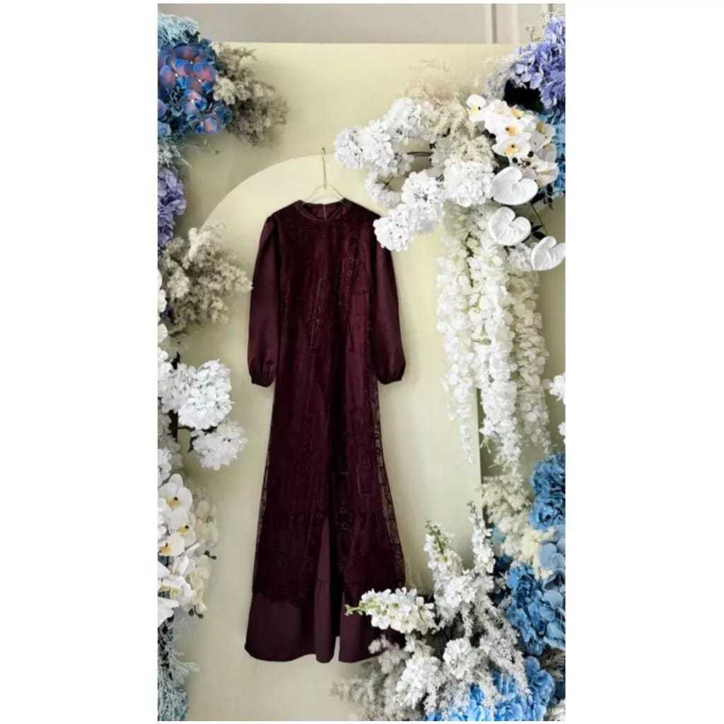 Gamis Brokat Tille Warna Burgundy Mewah Elegan Bahan Satin Brokat Kondangan Pesta Gaun Seragaman