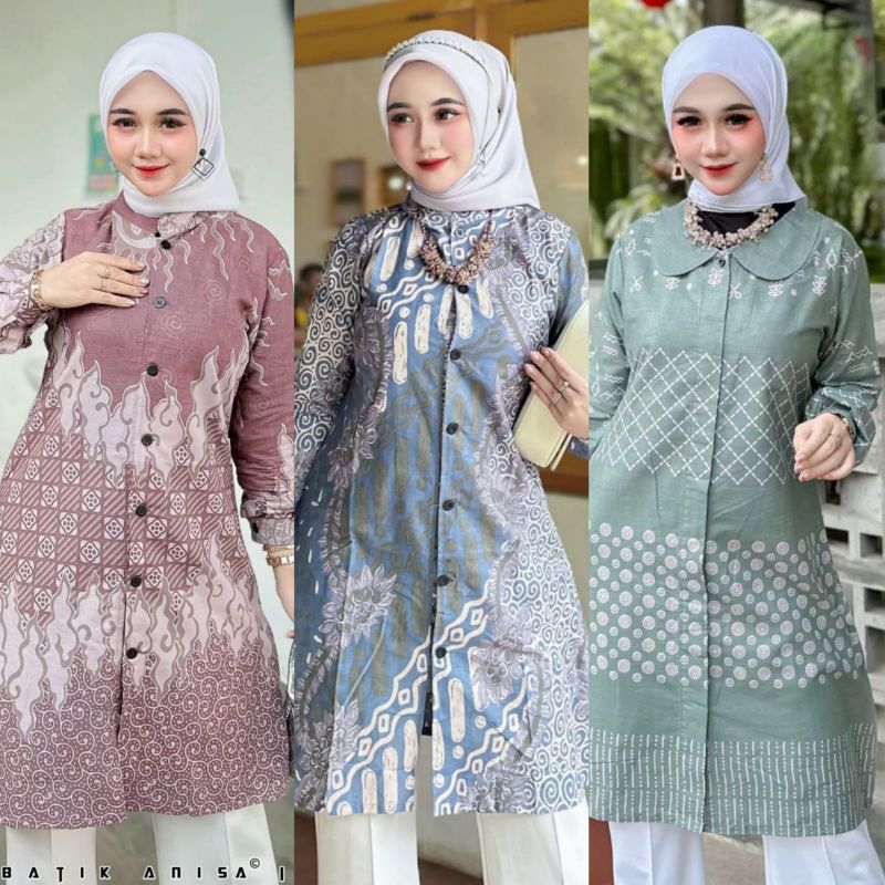 Tunik Batik Wanita Modern Premium Kancing Depan Jumbo LD 120 Warna Soft Blue Denim Biru Muda Hijau S