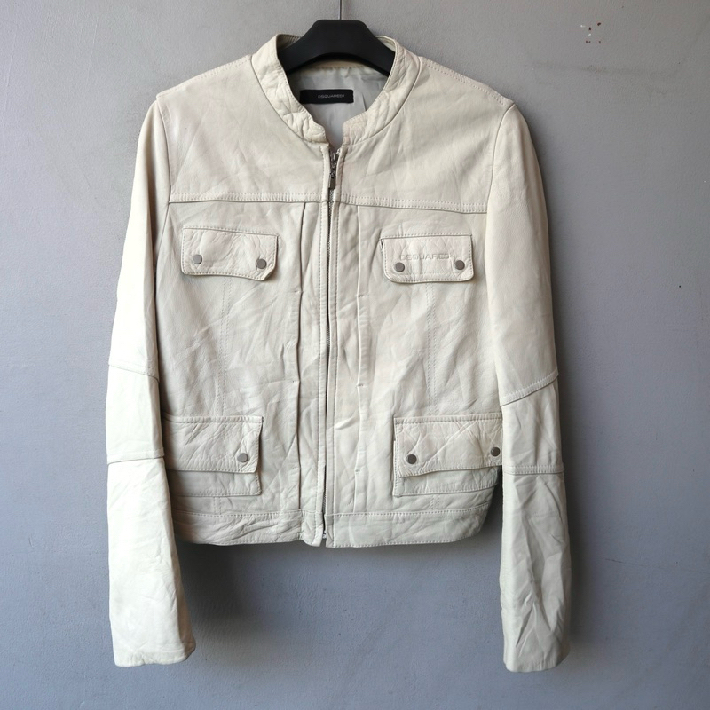 Dsquared2 kulit domba Jaket kulit cewek wanita krem putih tulang Kantong 4 embos leather jacket Pl b
