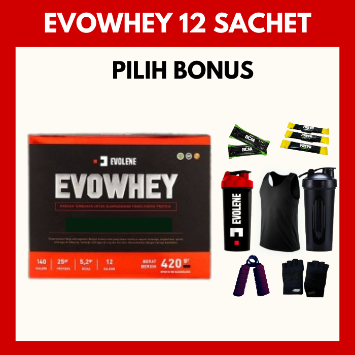 

Evolene | Whey Protein | Coklat | 456gr/12 Sachet + Shaker Biru - Suplemen fitness pembentuk Otot