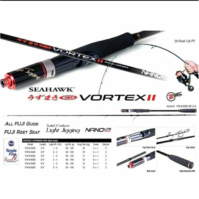Joran pancing seahwak jigging vortex II 562/165cm solid Carbon pe1-3