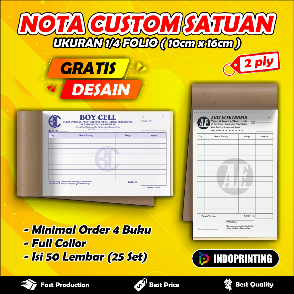 

Cetak nota custom nama usaha toko sendiri murah 2 ply ukuran sedang 1/4 folio