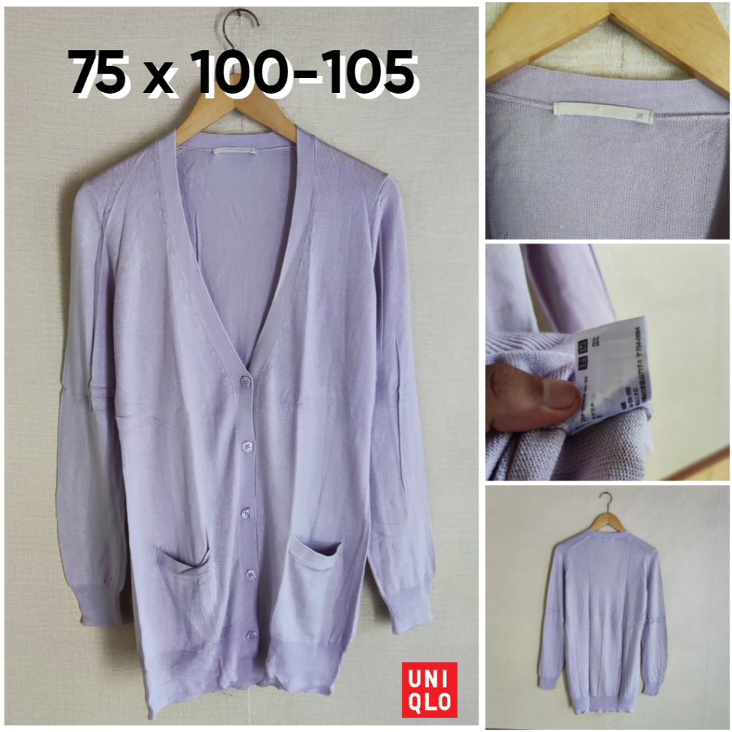 Cardigan Panjang UNIQLO Ungu Lilac V Neck Size M Wanita Atasan Cewek Outer Knit Sweater With Pocket 