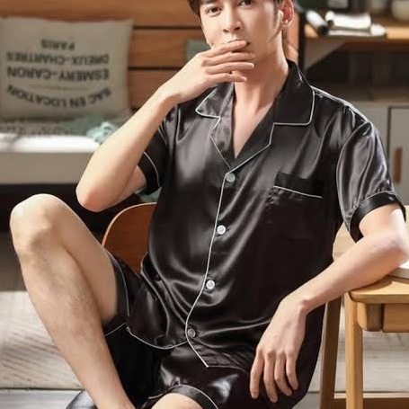 Beli baju tidur satin pria celana pendek set piyama cowok lengan setelan LD 11 12 Jumbo lakiLaki dew