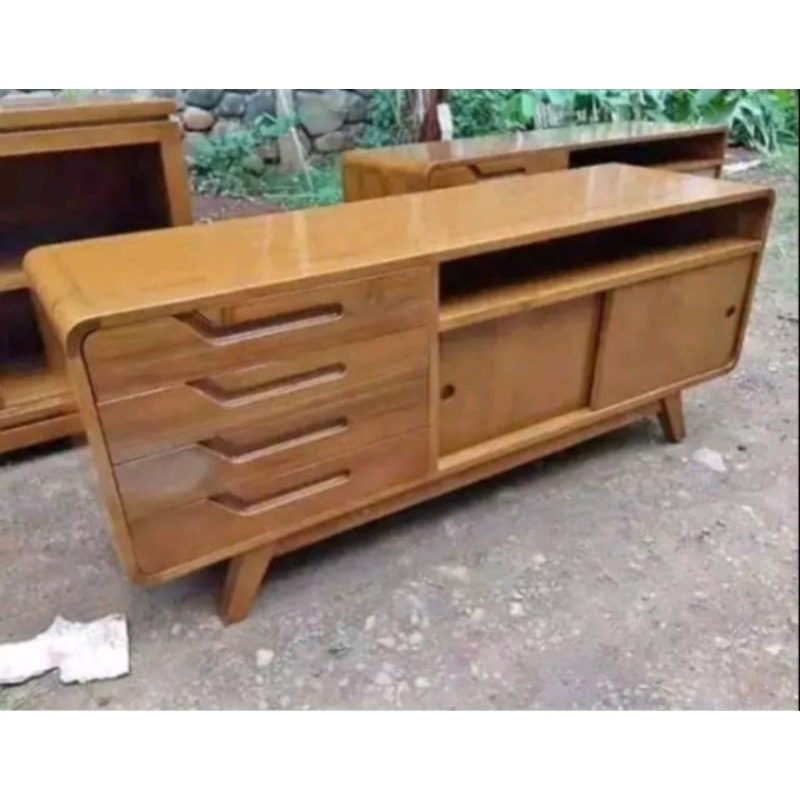 Buffet tv meja laci 4 lemari pintu 2 sleding geser kayu jati solid grade A tpk perhutani minimalis a