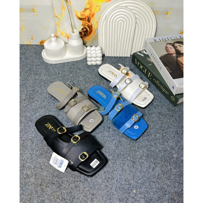 Sandal Selop Zara Flat Full Polos Aksen 3 Kotak Sandal Wanita Terbaru Kode SM32