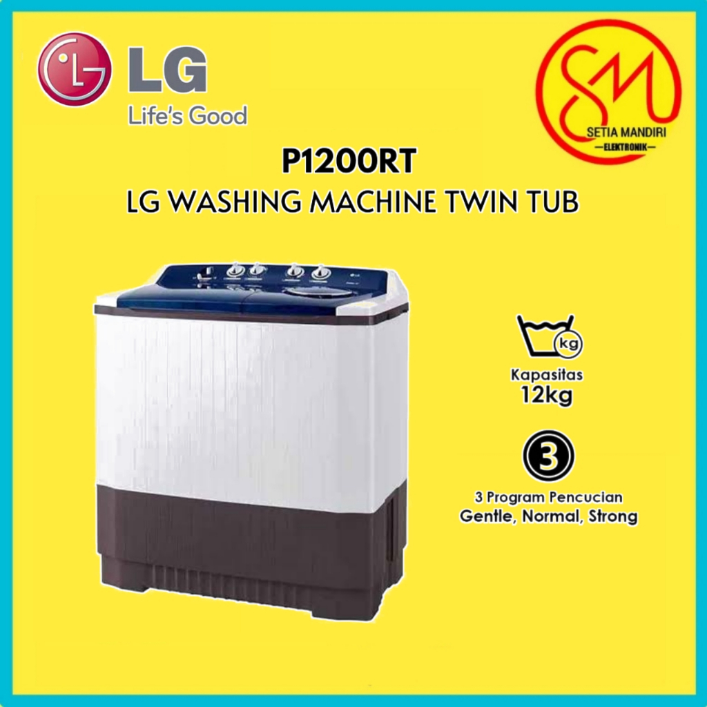 LG Mesin Cuci Twin Tub 12kg - Top Load Roller Jet Pulsator 3 Program Pencucian Wind Jet Dry P1200RT