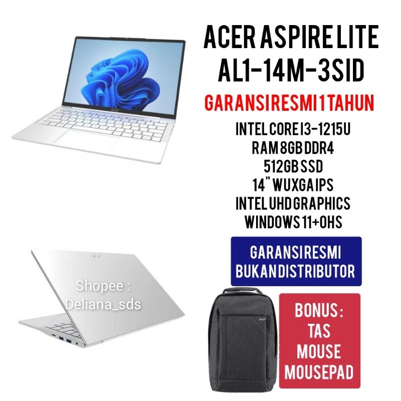 Laptop Acer Aspire Lite AL1-14M-3SID Intel i3 1215U 8GB/512GB Ssd 14" WUXGA IPS Garansi Resmi 1 Tahu
