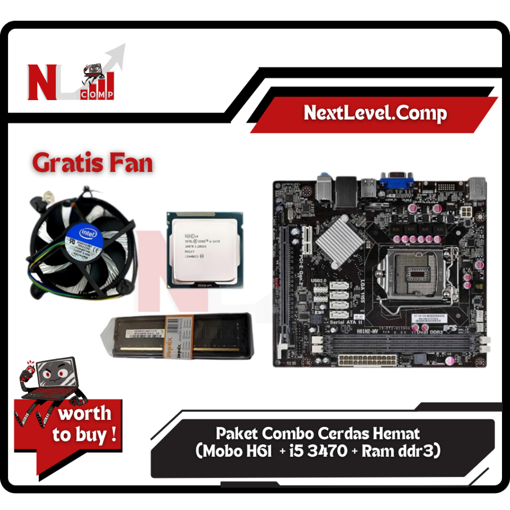 Paket Mainboard H61 Core i5 3470 - Motherboard H61 LGA 1155 Asrock/Ecs/Gigabyte DDR 3 Free Fan CPU