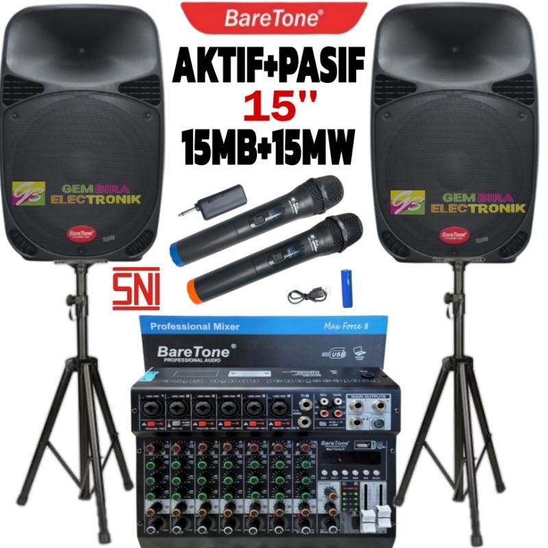 Paket Speaker Aktif Pasif Baretone 15 inch Original Sound System Mixer Baretone 8 channel
