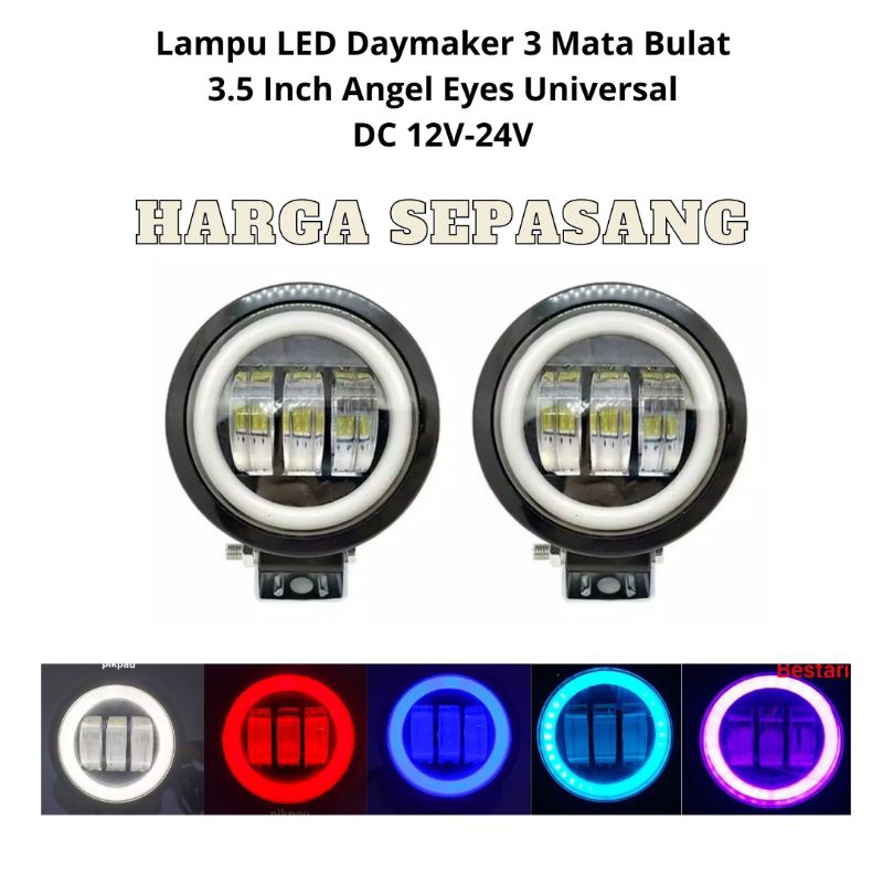 Sepasang Lampu Tembak Sorot LED Daymaker 3 Mata Bulat 3.5 Inch DC 12V-24V Universal Mobil, Motor