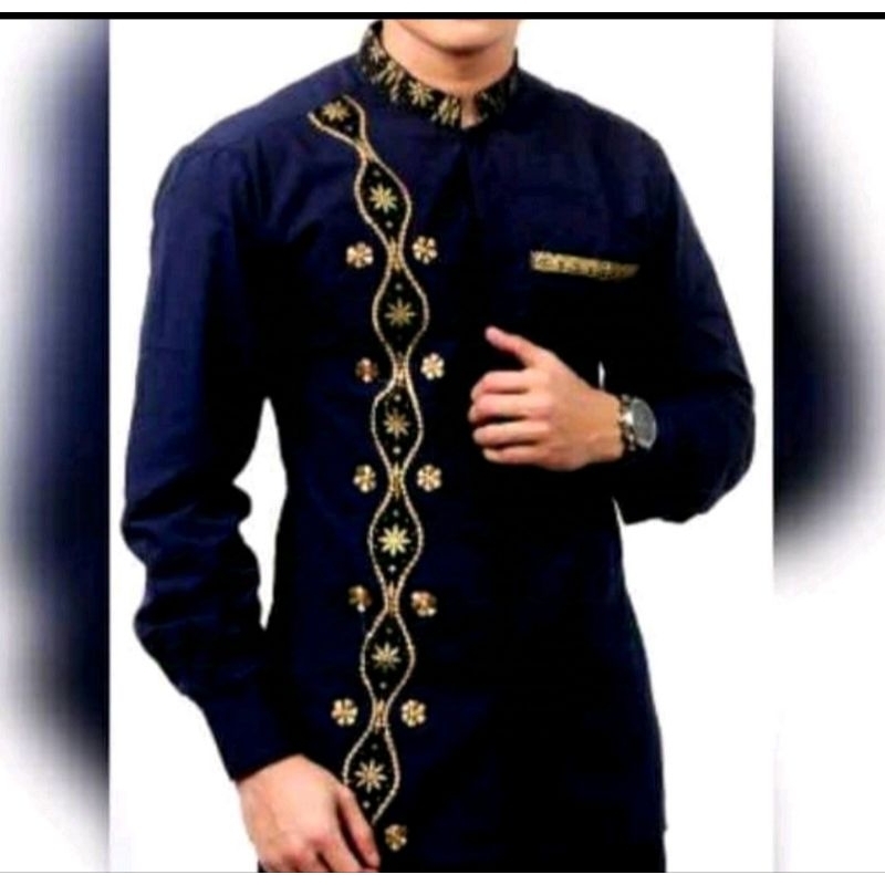 Baju Koko Pria Lengan Panjang Koko Hadroh Koko Bordir Mix Batik Baju Baju Muslim Pria Baju Koko Bord