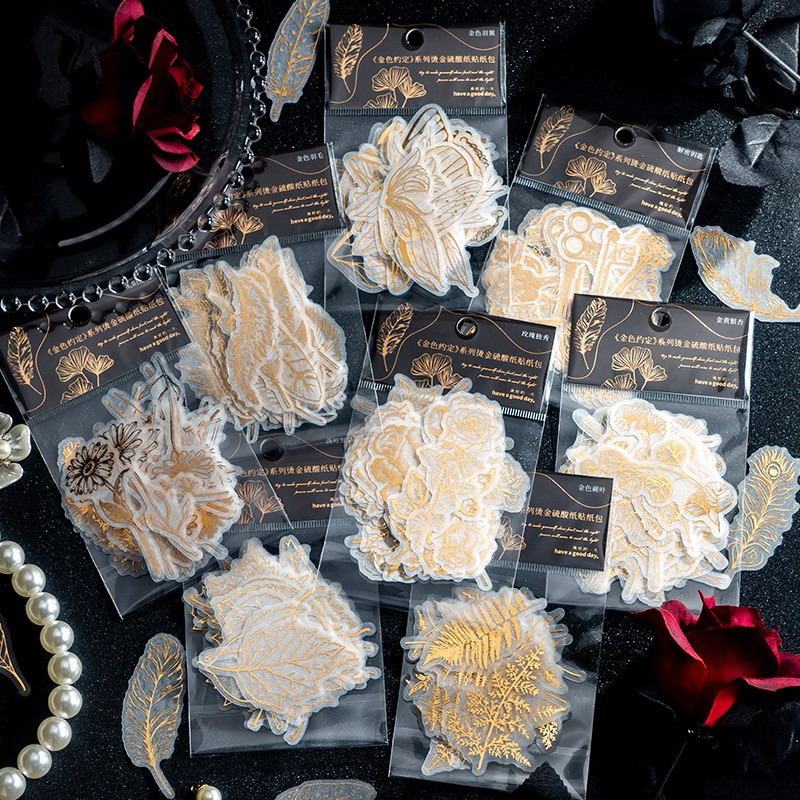 

(3AA) sticker transparan gold foil monokrom bunga kunci daun flower leaf key journaling