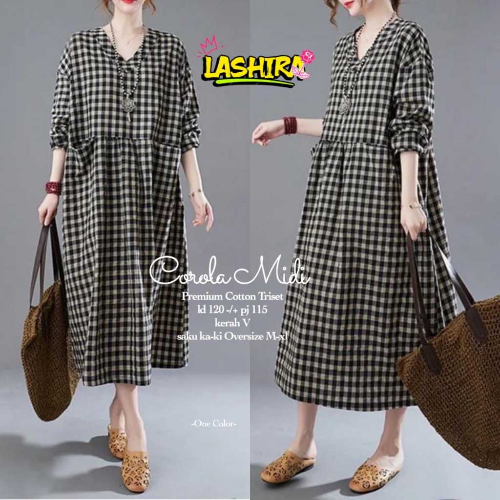 Corola baju gamis dress midi wanita muslim jumbo ld 120 katun kotak kotak triset busui terbaru 2024