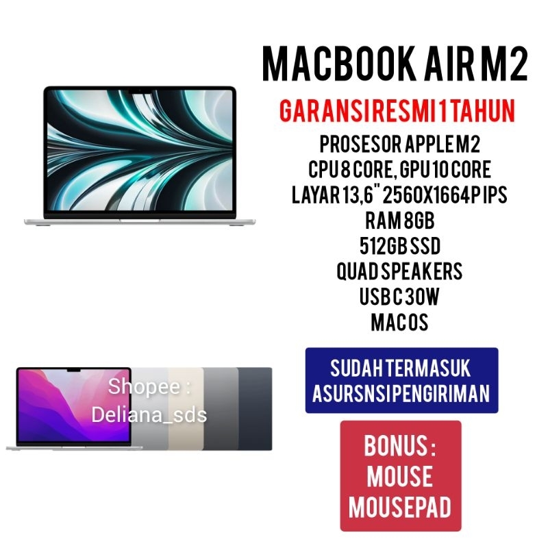 Macbook Air M2 512GB 13,6" Garansi Resmi 1 Tahun Macbook Air M2 13,6" 512GB Macbook Air M2 13" 512GB