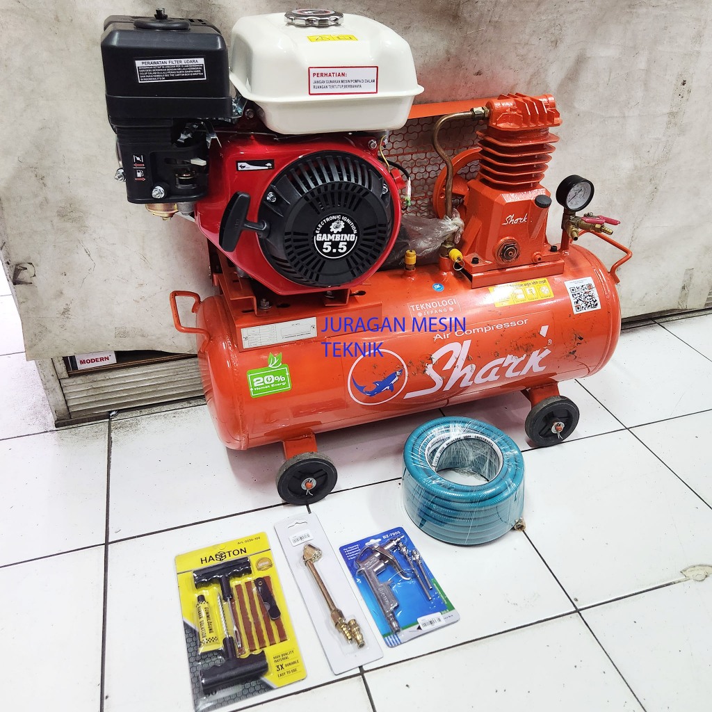Komplit Mesin Kompresor Bensin Shark 1/4 HP & Mesin Penggerak