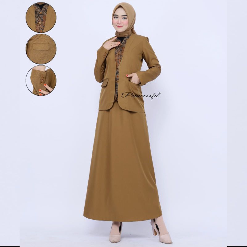 SETELAN PDH KUNING KHAKI WANITA MODEL BATIK