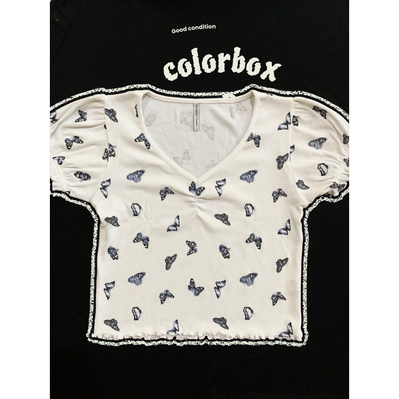COLORBOX Printed V-Neck Puff Sleeves Top Off White