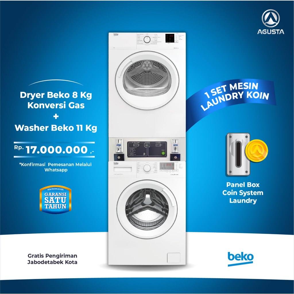 Mesin Laundry Coin 1 Stack Mesin Cuci Beko 11kg & Mesin Pengering Beko 8kg