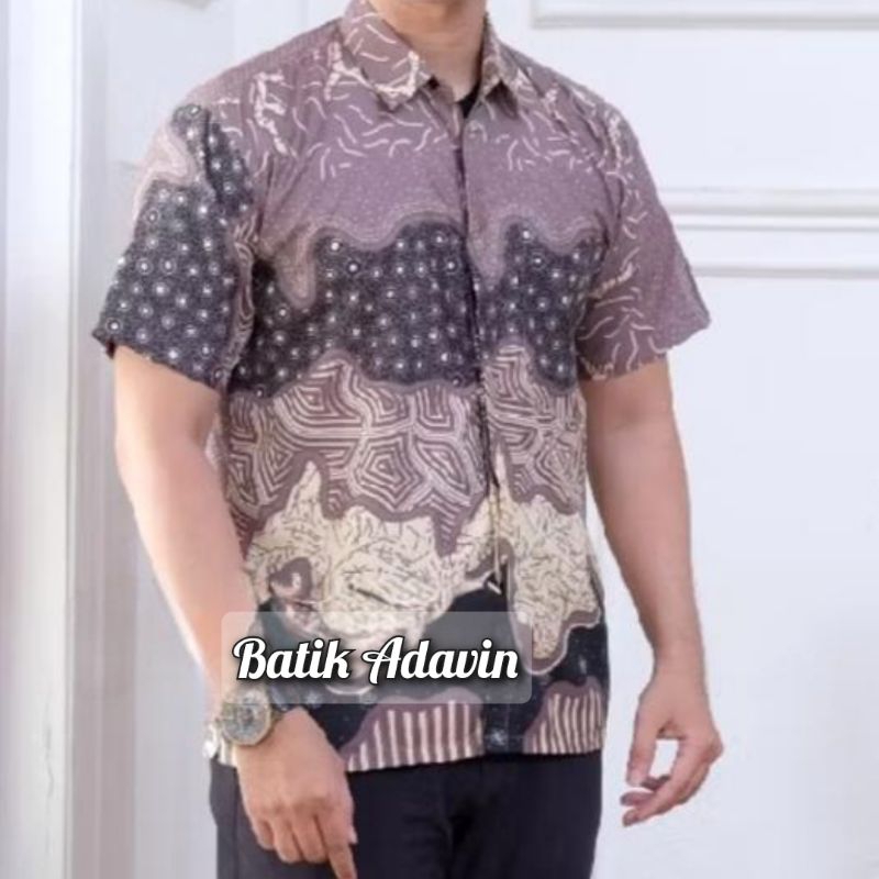 BATIK ADAVIN | Batik Pria Lengan Pendek Samudera Warna Ungu Lylac Katun Poli Mantul