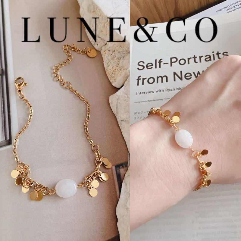 RS326 Gelang Rantai Wanita Gaya Korea Titanium Motif Koin Polos Rumbai Kombinasi Mutiara Putih Anti 