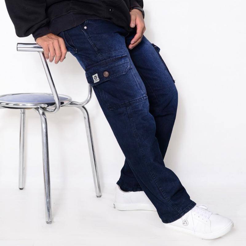 Celana Cargo jeans pria | Kargo Panjang Navywash |  Loose Panst Baggy | Loose Fit Reguler Gombrang