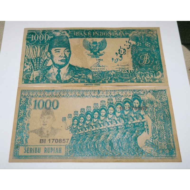 uang souvenir Sukarno melengkung pecahan 1000 rupiah 1964 gambar penari serimpi 9 warna hijau kunfay