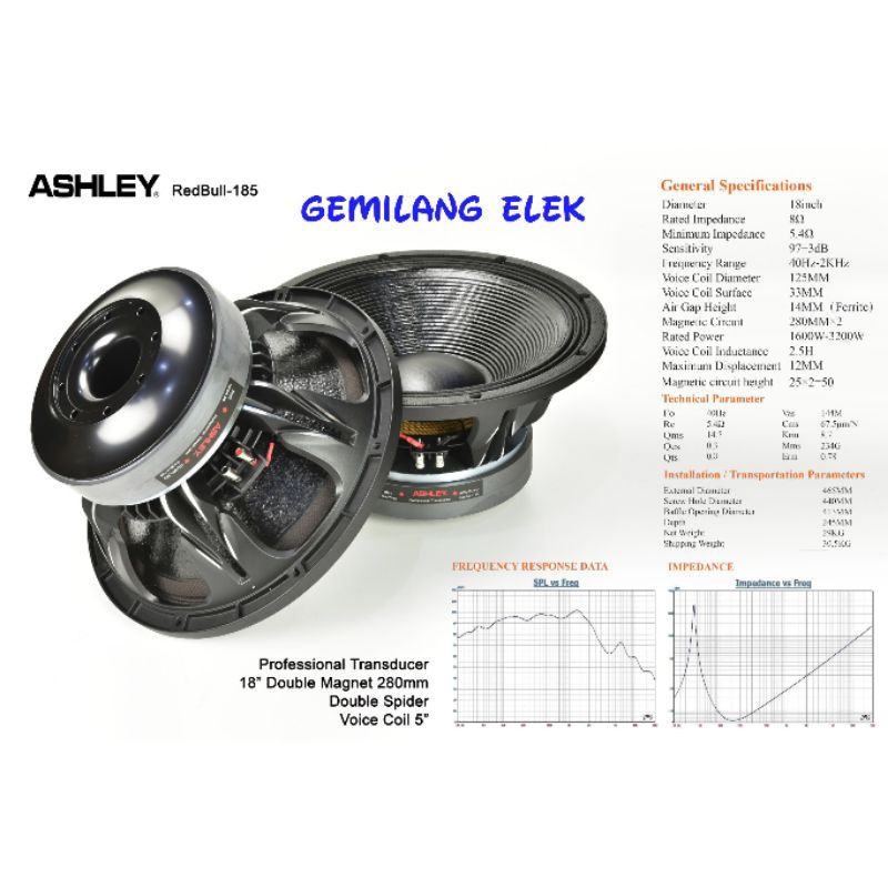 Speaker ASHLEY REDBULL 185 Double Magnet Coil 5 Original 18 inch