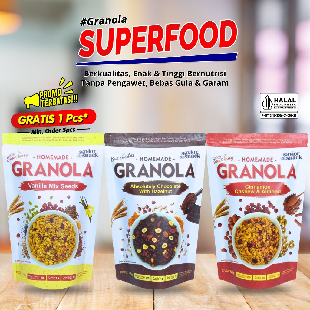 

Savior Snack | Granola Crunchy 3 Rasa Cokelat, Cinnamon & Vanila | Sarapan Sehat Untuk Diet Oatmeal
