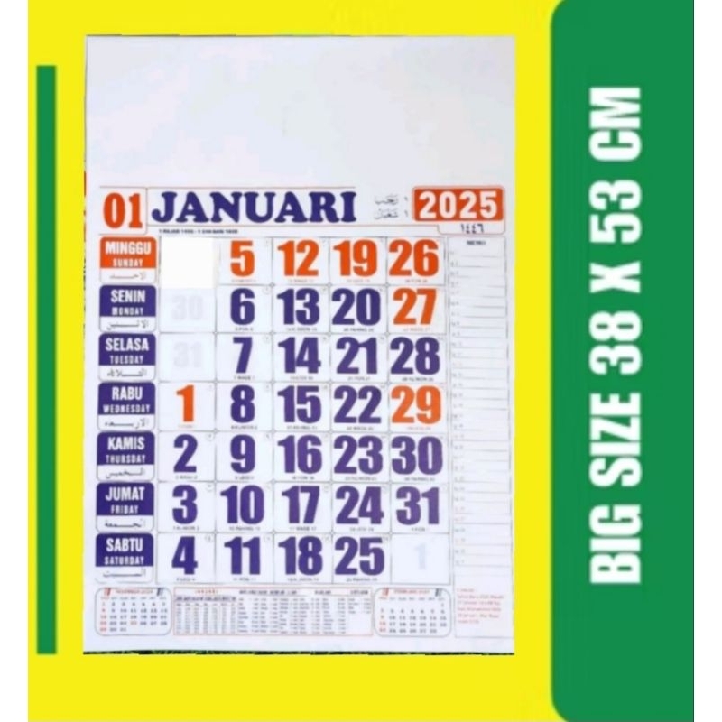 

kalender kerja standar/sedang tahun 2025 ukuran 38 x 54cm