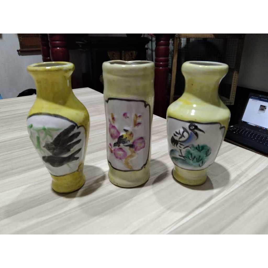 3 Miniatur Guci Keramik Kuning Kuno Jadul Antik