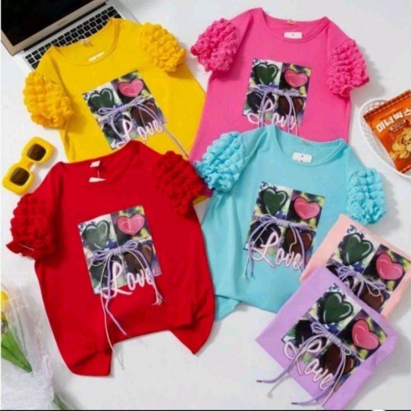 Baju Atasan Anak  Perempuan Loves Lengan Kerut Balon / Baju Anak Import