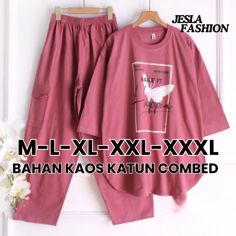 Setelan Cargo Wanita Jumbo Happen Set BO Size M L XL XXL XXXL LD 100-130 CM Bahan Kaos Katun Combed 